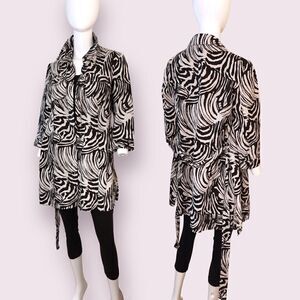 Style & Co Linen Zebra Print Wrap Jacket Long Black White